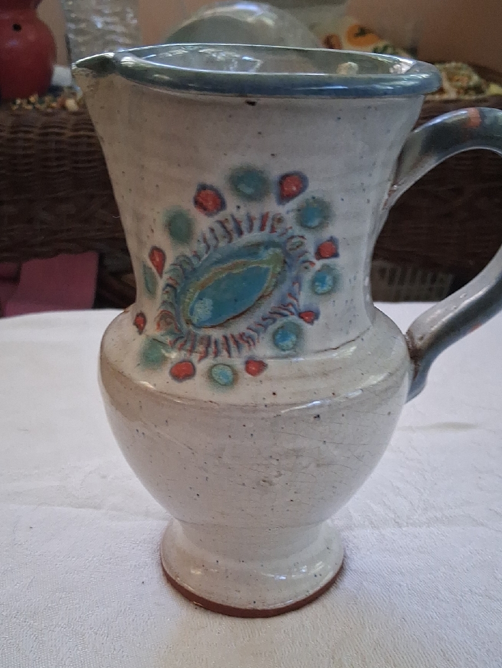 Hand Crafted Ceramic Pitcher with Turquoise, Coral and Teal Accents
